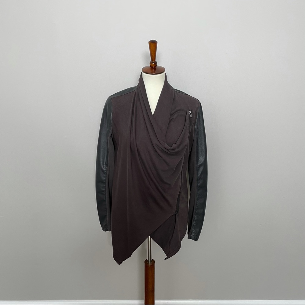 Blank NYC Moto Jacket Mixed Media Faux Vegan Leather Zipper Stretch Knit Brown